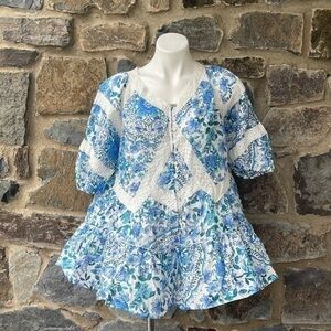 Johnny Was Jade Floral Print Linen Tiered Tunic in Blue & White Size Small